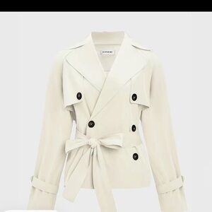 Notch Lapel Beige Double Breasted Long Sleeve Trench Coat Jacket XL